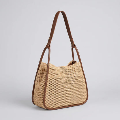 Quiro Celeste Straw Tote Bag – PU Leather Trim for Chic Summer Carry