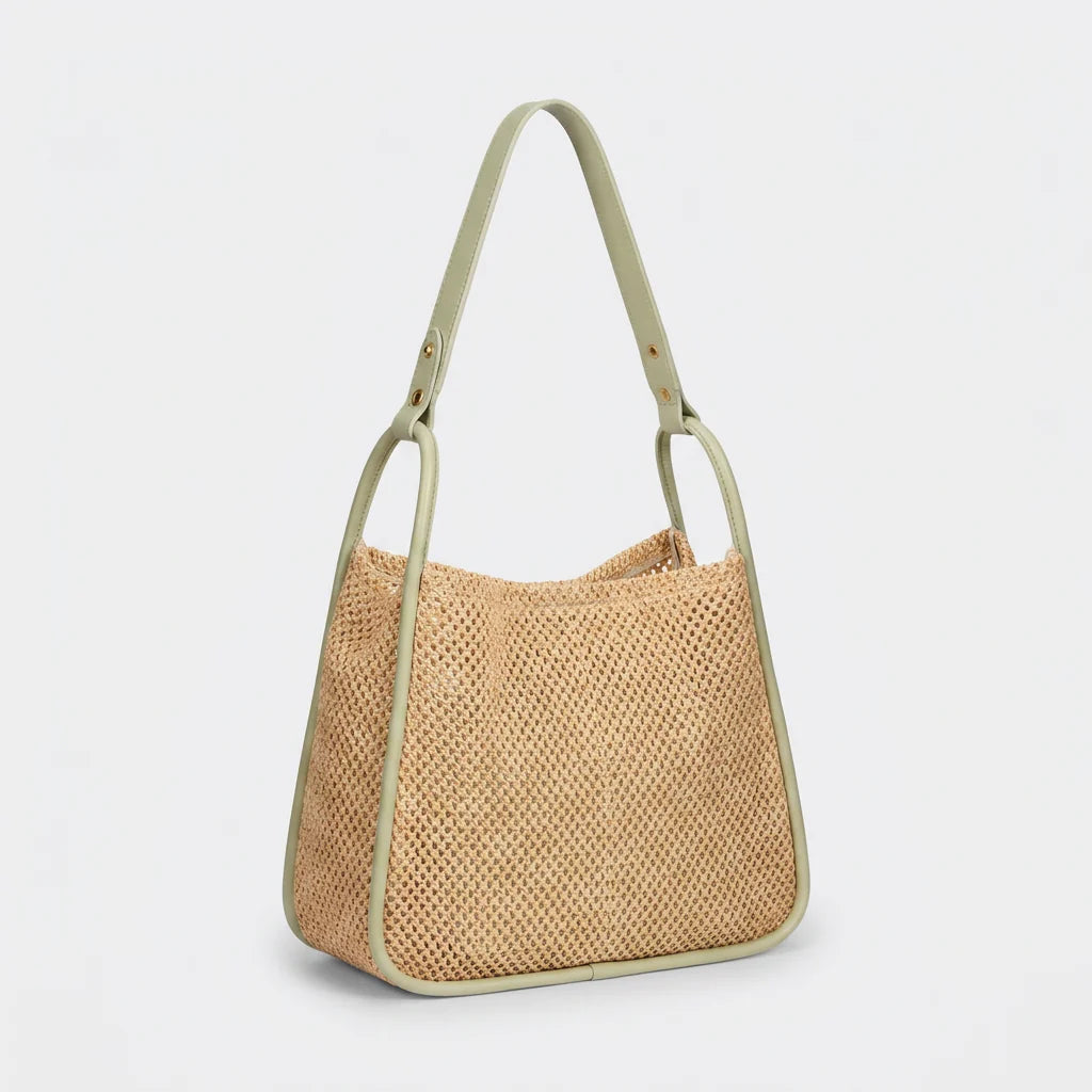 Quiro Celeste Straw Tote Bag – PU Leather Trim for Chic Summer Carry