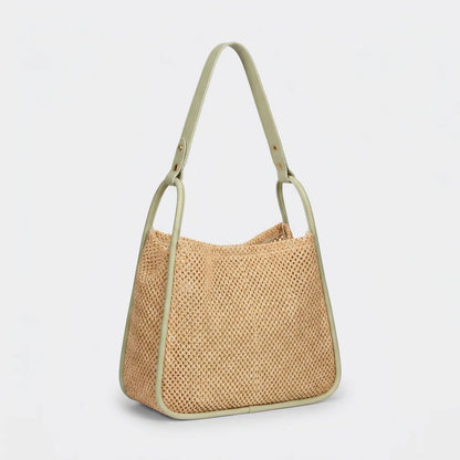 Quiro Celeste Straw Tote Bag – PU Leather Trim for Chic Summer Carry