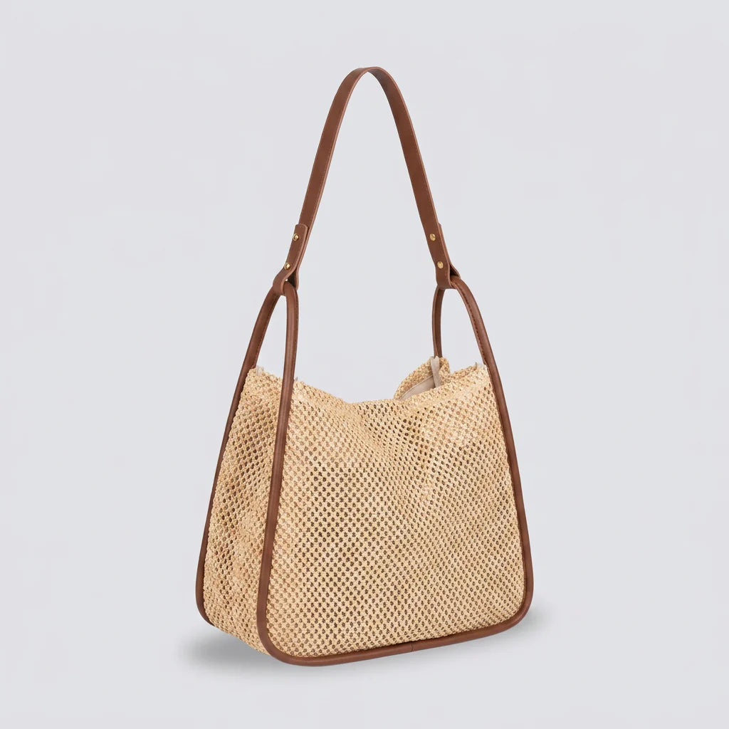 Quiro Celeste Straw Tote Bag – PU Leather Trim for Chic Summer Carry