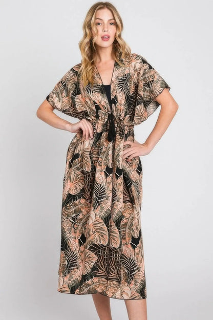 Quiro Tropical Leaves Print Cover-Up – Self-Tie Drawstring Beach Style