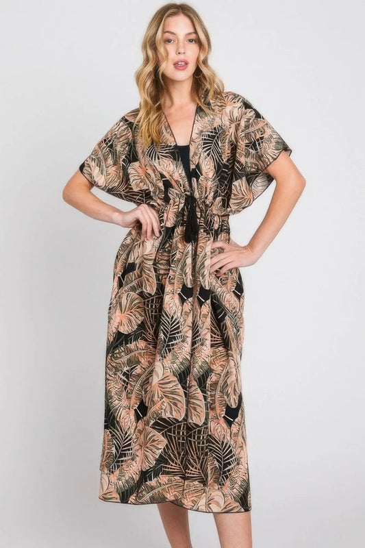 Quiro Tropical Leaves Print Cover-Up – Self-Tie Drawstring Beach Style