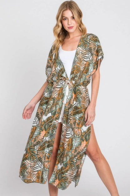 Quiro Tropical Leaves Print Cover-Up – Self-Tie Drawstring Beach Style