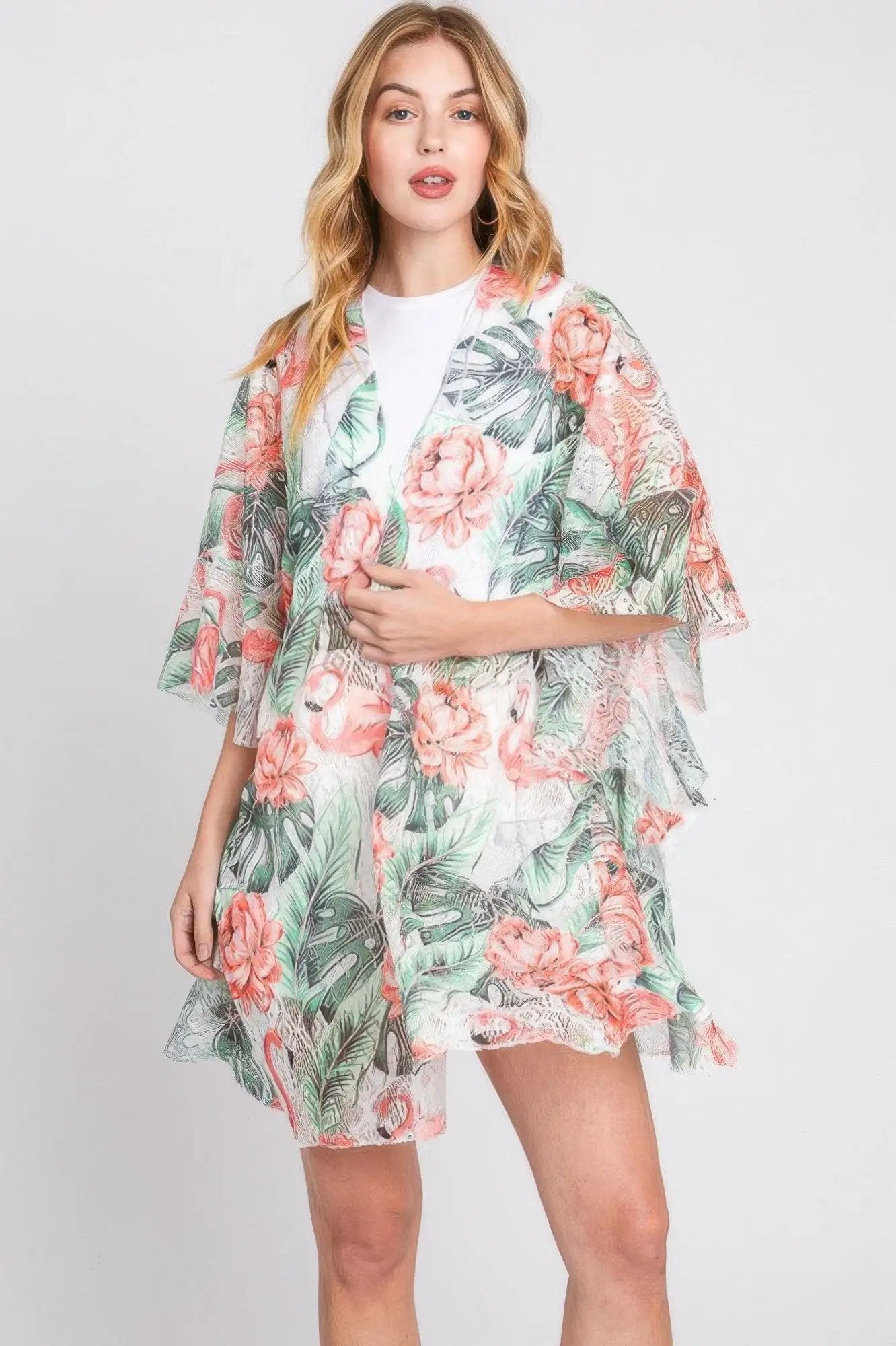Quiro Ruffle Tropical Flamingo Print Cover-Up – Open-Front Vacation Style