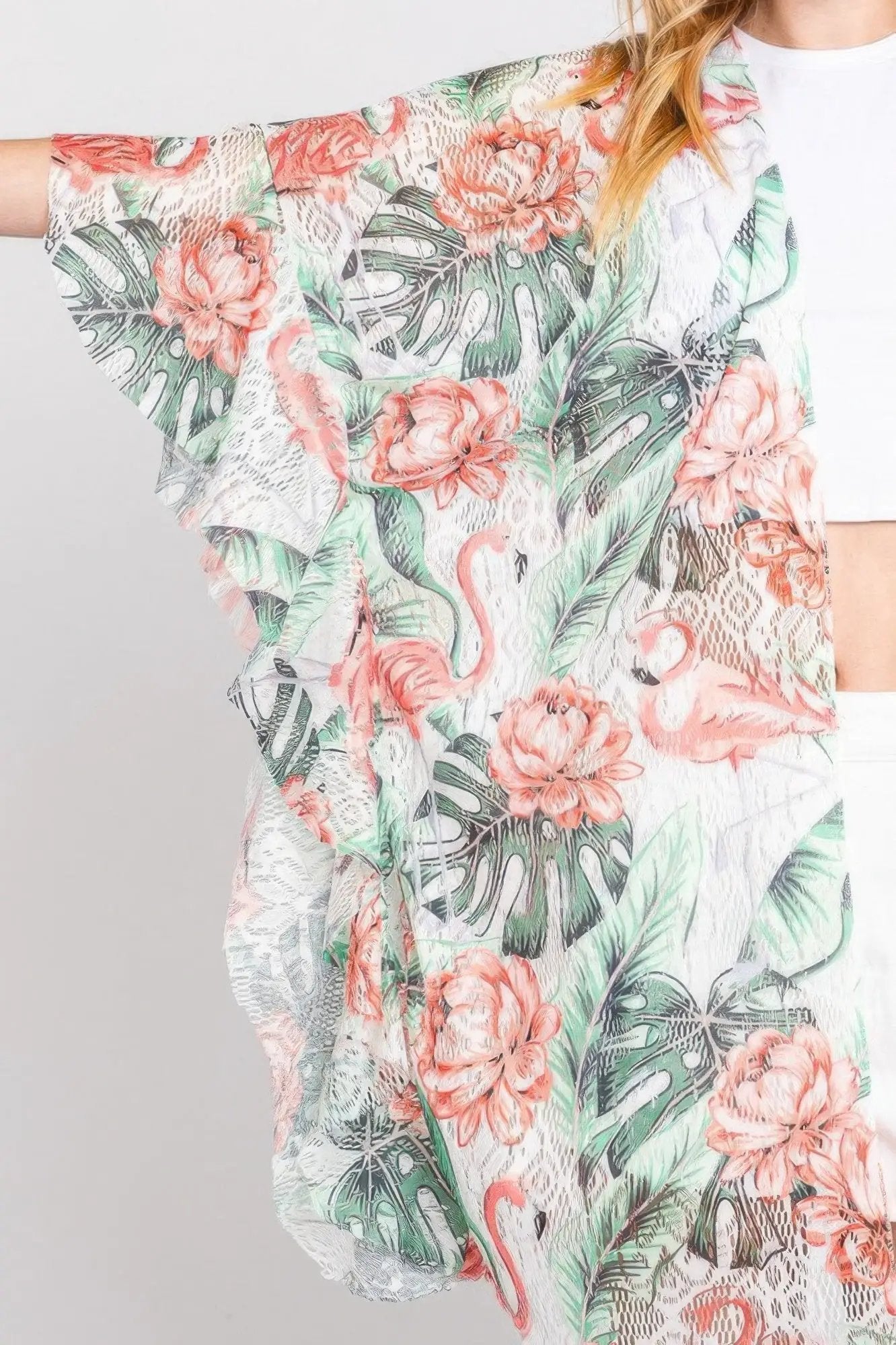 Quiro Ruffle Tropical Flamingo Print Cover-Up – Open-Front Vacation Style