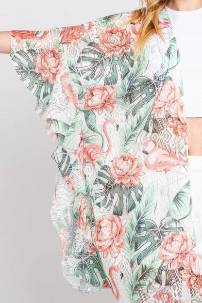Quiro Ruffle Tropical Flamingo Print Cover-Up – Open-Front Vacation Style