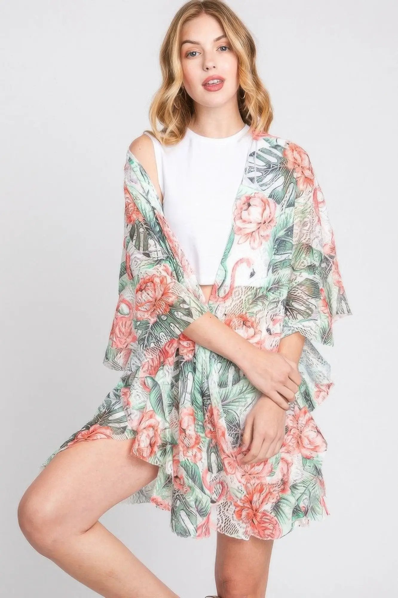 Quiro Ruffle Tropical Flamingo Print Cover-Up – Open-Front Vacation Style