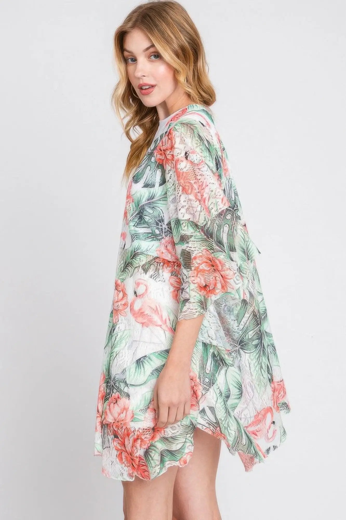 Quiro Ruffle Tropical Flamingo Print Cover-Up – Open-Front Vacation Style