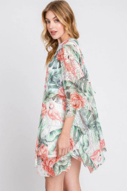 Quiro Ruffle Tropical Flamingo Print Cover-Up – Open-Front Vacation Style