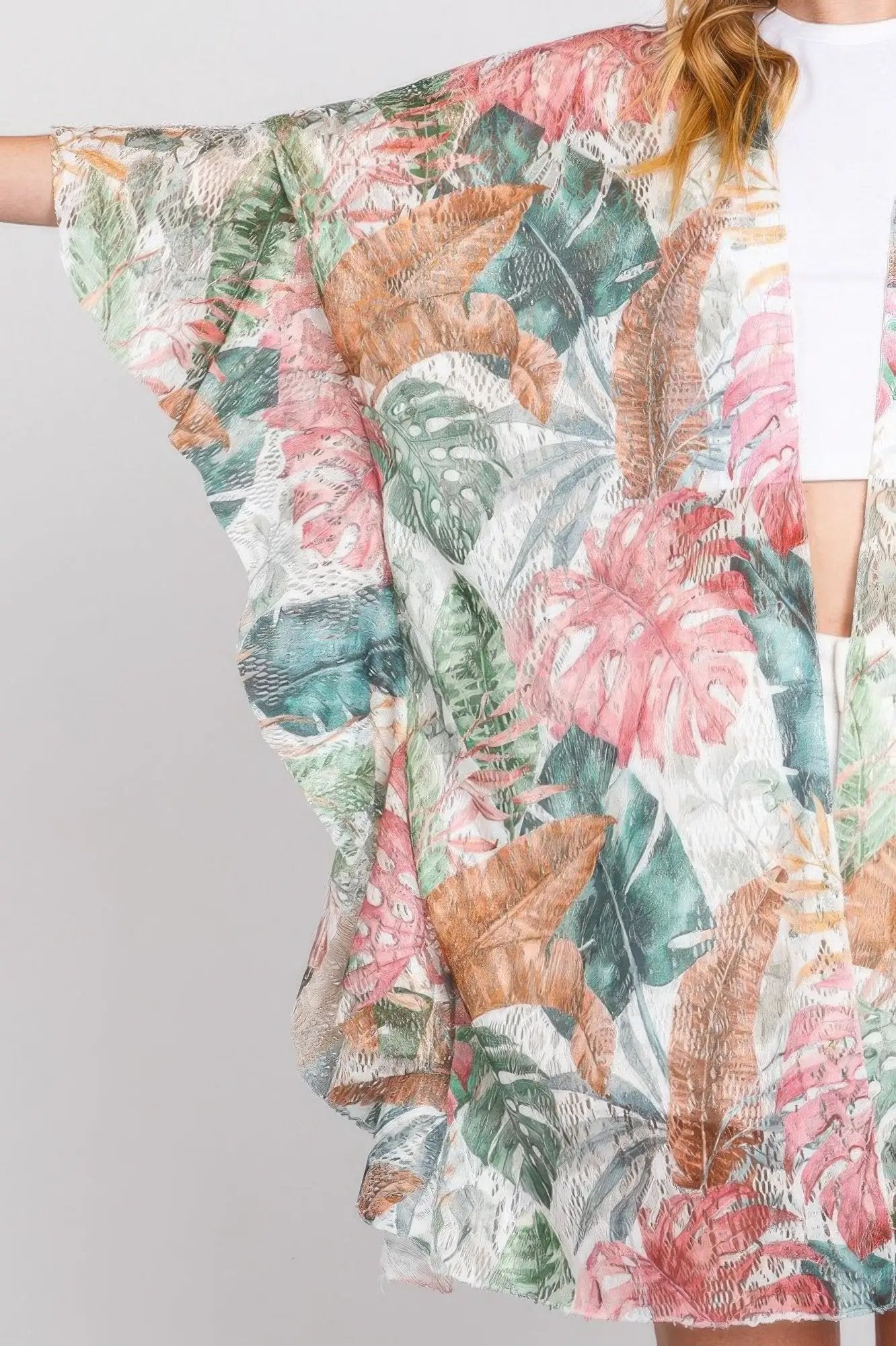 Quiro Ruffle Tropical Leaves Print Cover-Up – Open-Front Resort & Beach Wear