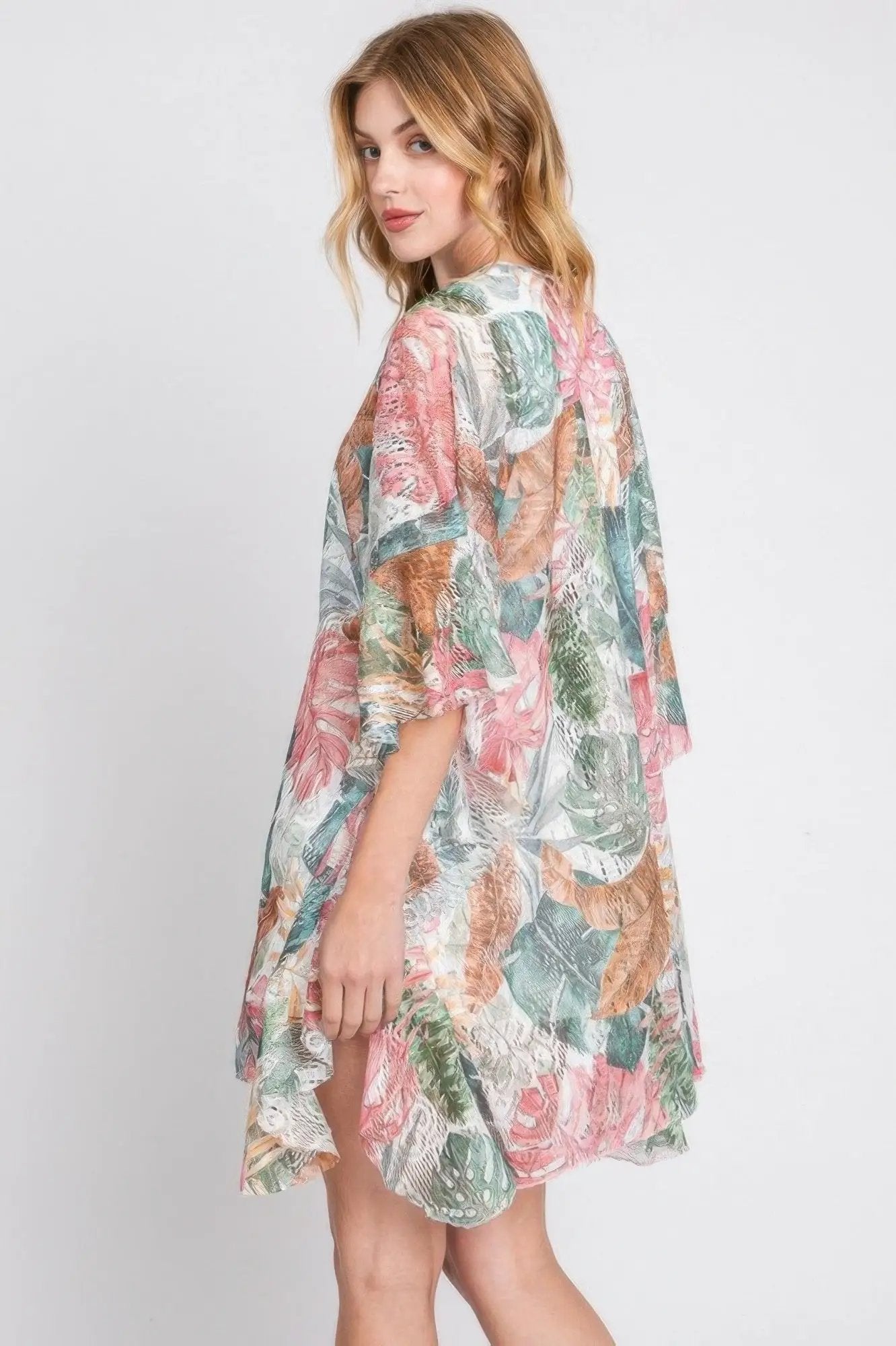 Quiro Ruffle Tropical Leaves Print Cover-Up – Open-Front Resort & Beach Wear