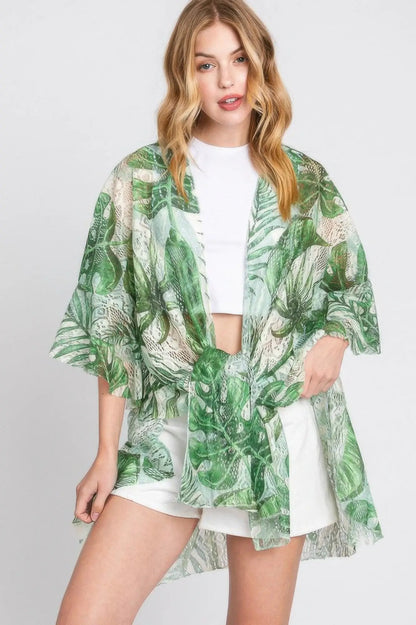 Quiro Ruffle Tropical Leaves Print Cover-Up – Open Front for Beach & Pool