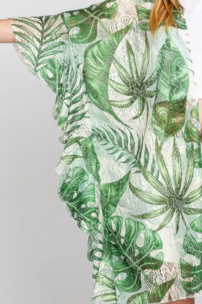Quiro Ruffle Tropical Leaves Print Cover-Up – Open Front for Beach & Pool