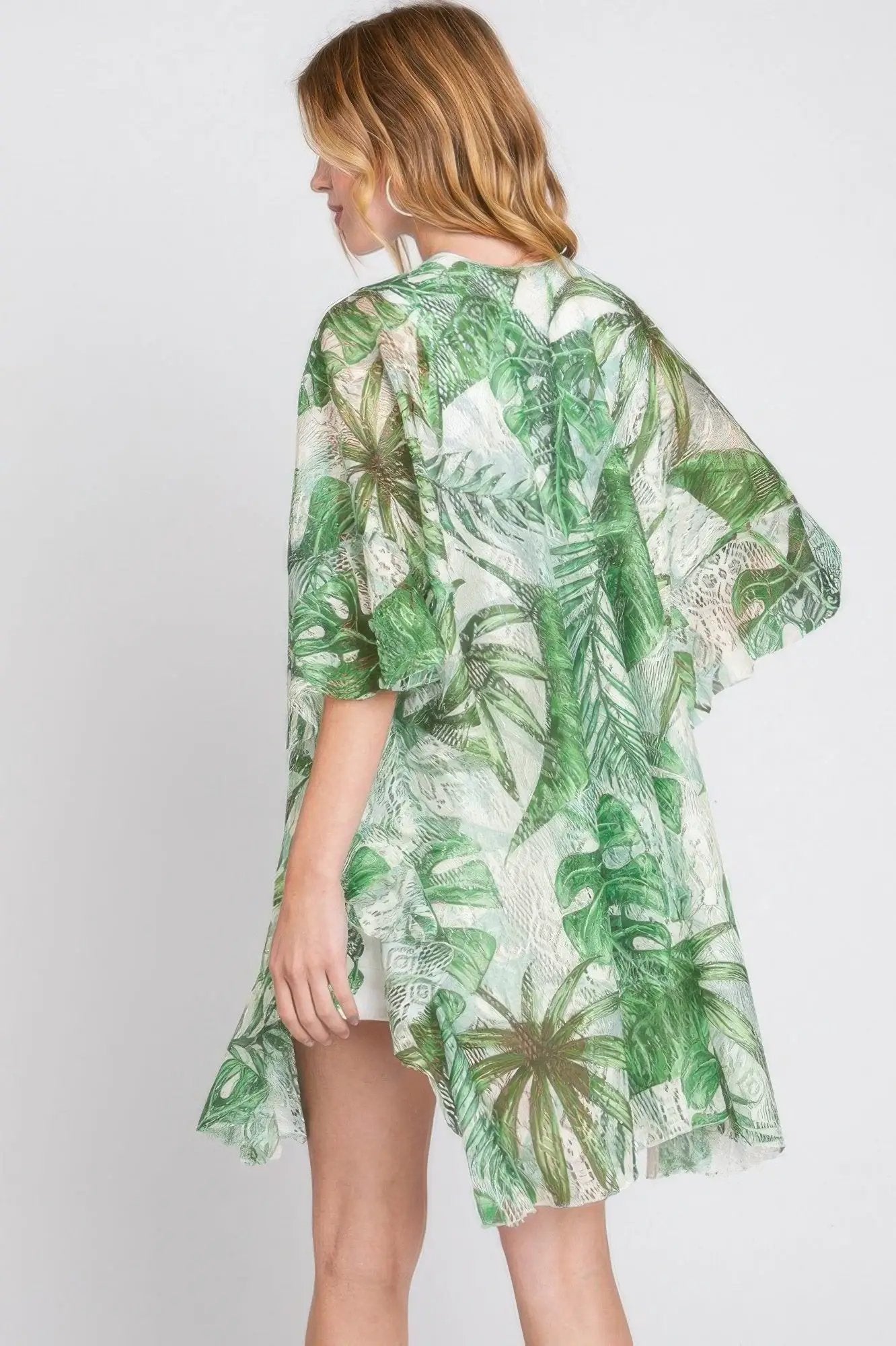 Quiro Ruffle Tropical Leaves Print Cover-Up – Open Front for Beach & Pool