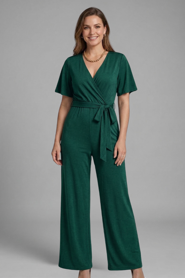 Quiro Wrap-Front Jumpsuit with Tie Waist – Elegant Wide-Leg Style