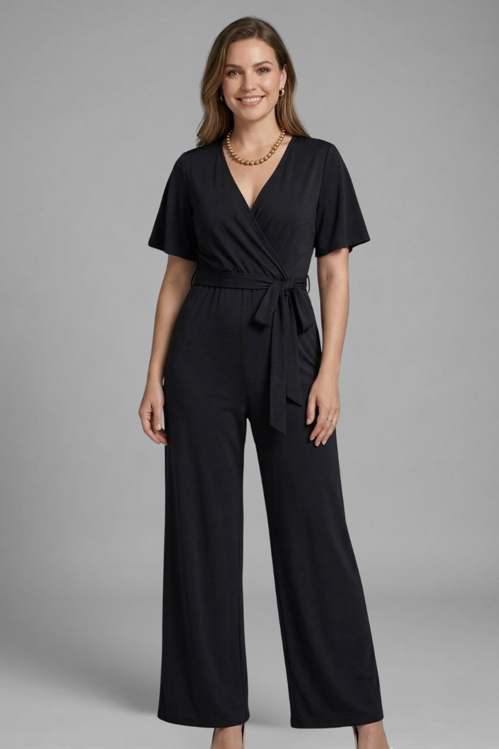 Quiro Wrap-Front Jumpsuit with Tie Waist – Elegant Wide-Leg Style