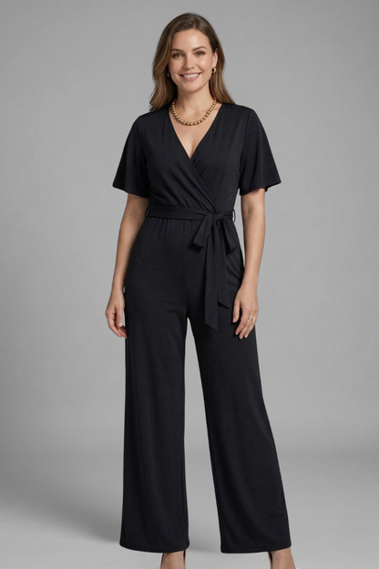Quiro Wrap-Front Jumpsuit with Tie Waist – Elegant Wide-Leg Style