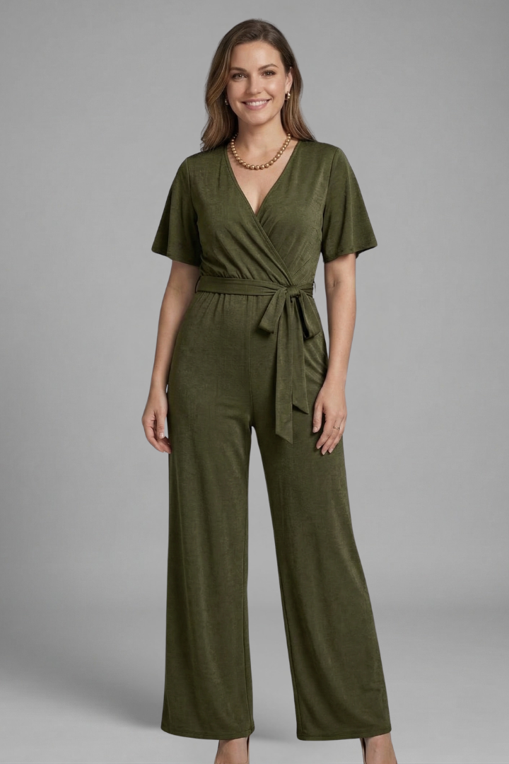 Quiro Wrap-Front Jumpsuit with Tie Waist – Elegant Wide-Leg Style