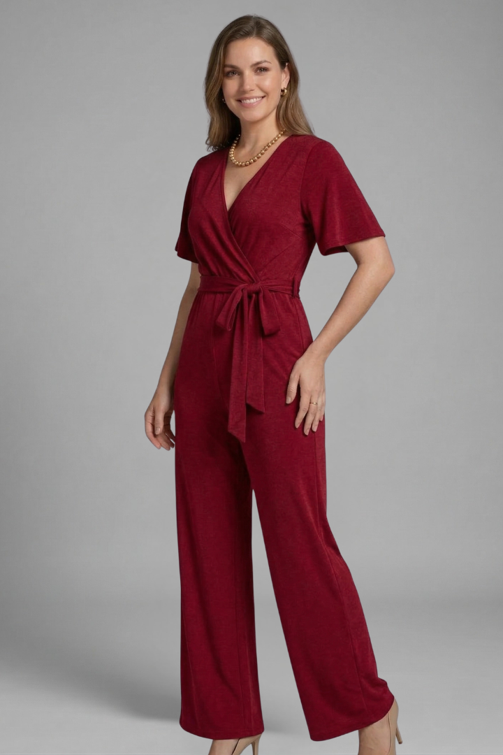 Quiro Wrap-Front Jumpsuit with Tie Waist – Elegant Wide-Leg Style