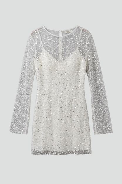 Quiro Mini Dress with Mesh Overlay & Long Sleeves – Embellished Two-Layer Look