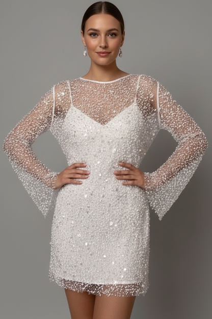 Quiro Mini Dress with Mesh Overlay & Long Sleeves – Embellished Two-Layer Look