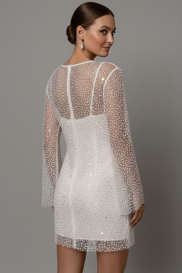 Quiro Mini Dress with Mesh Overlay & Long Sleeves – Embellished Two-Layer Look