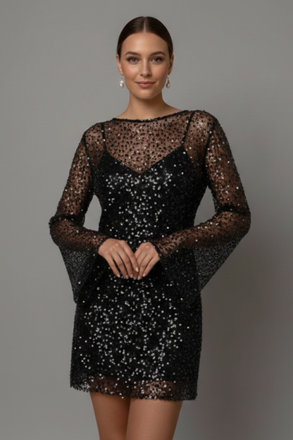 Quiro Mini Dress with Mesh Overlay & Long Sleeves – Embellished Two-Layer Look