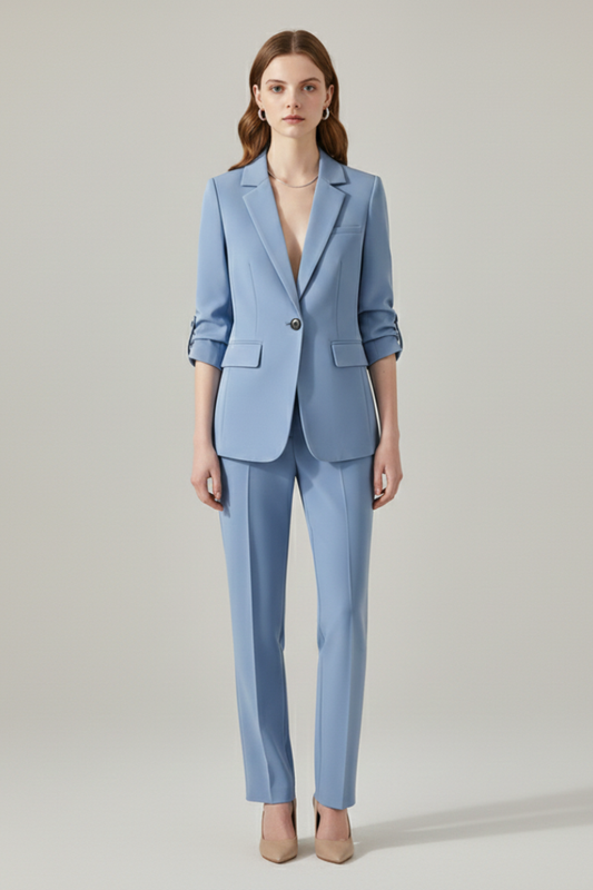 Chic Women’s Blazer Set with Notched Lapel and Tailored Straight-Leg Trousers