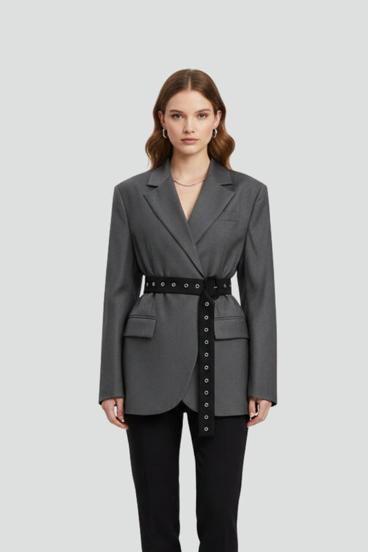 Chic Women's Blazer with Notched Lapel and Adjustable Belt