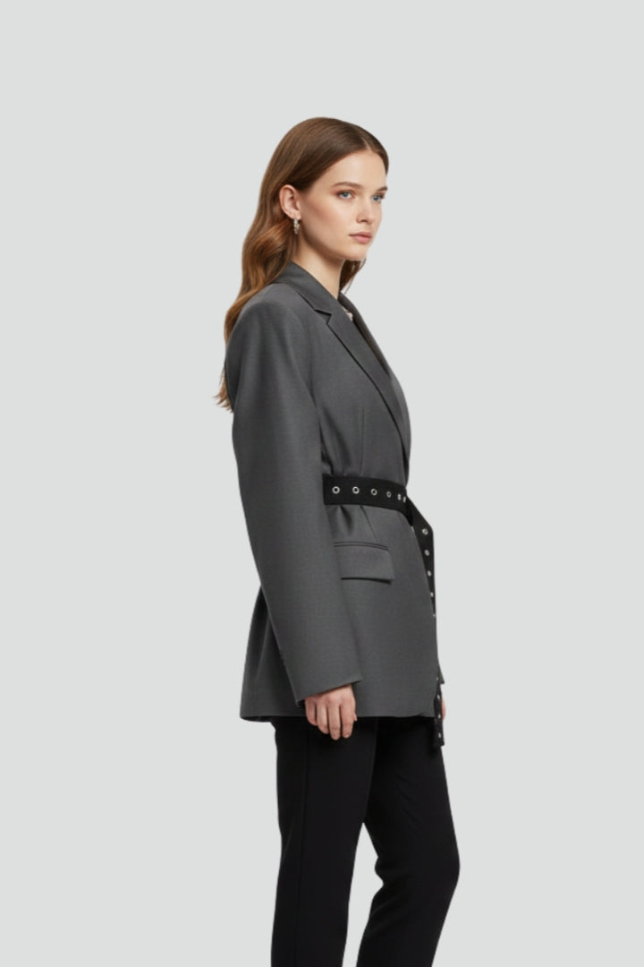 Quiro Belted Blazer with Notched Lapel – Adjustable Fit for Work & Casual