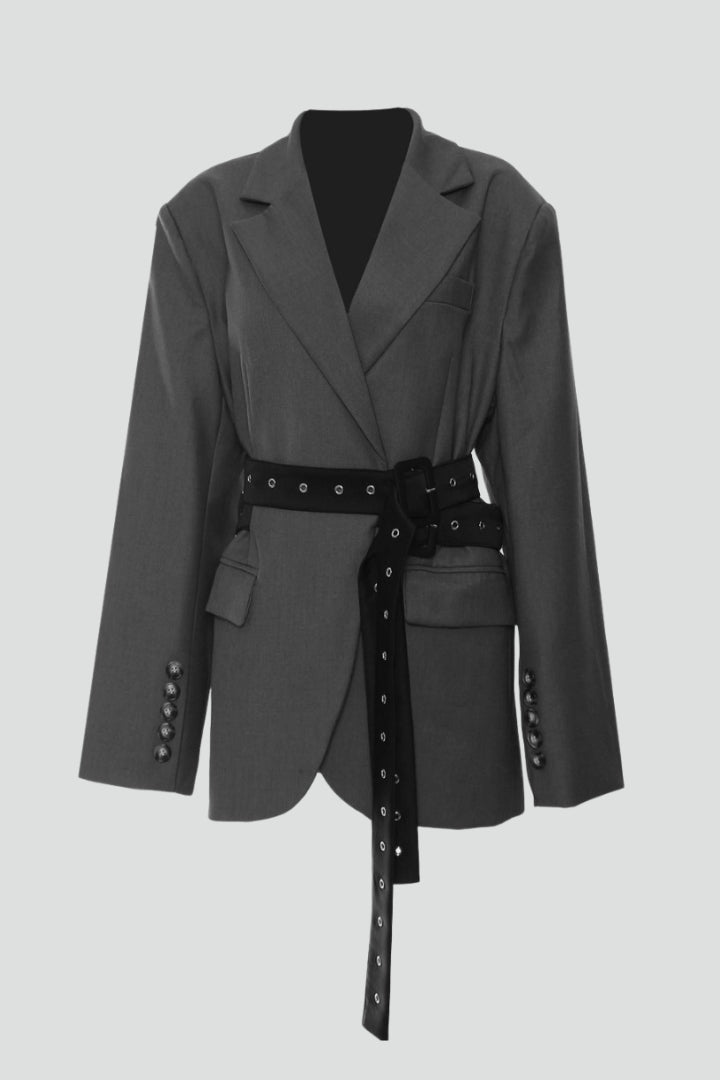 Quiro Belted Blazer with Notched Lapel – Adjustable Fit for Work & Casual