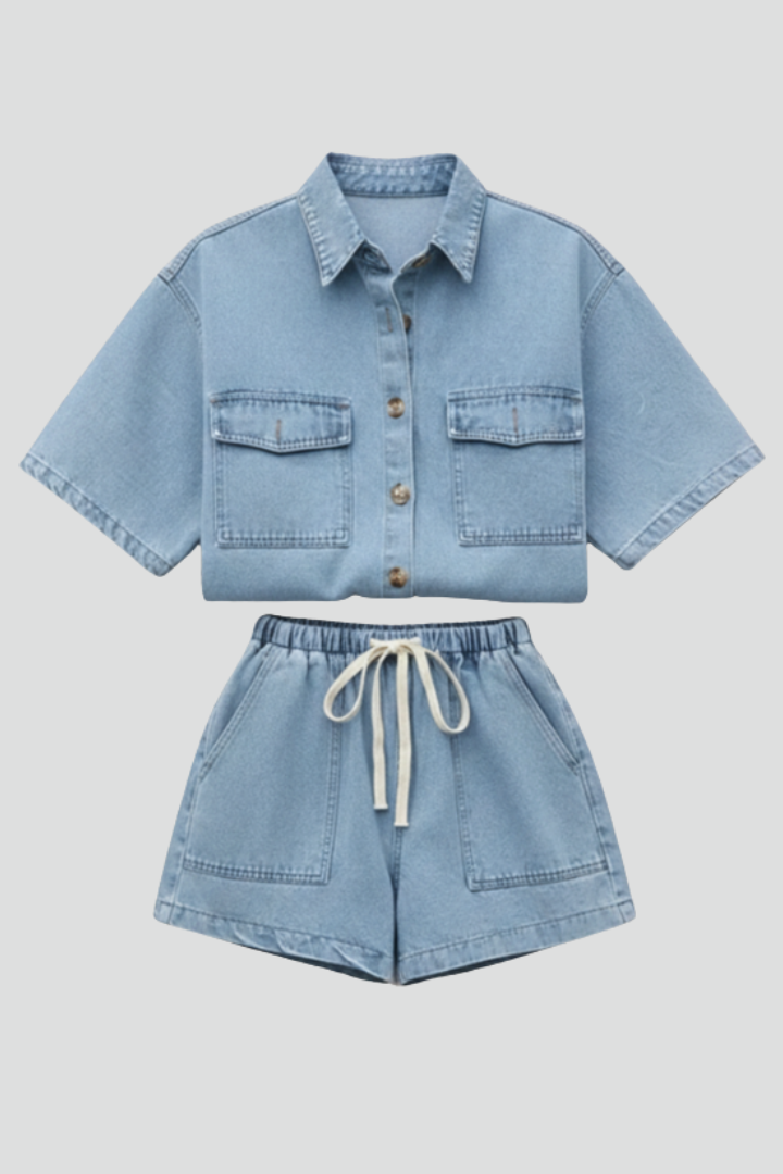 Quiro Women's Denim Set – Short-Sleeve Shirt Jacket with Matching Shorts