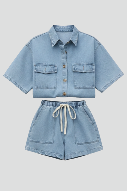 Quiro Women's Denim Set – Short-Sleeve Shirt Jacket with Matching Shorts