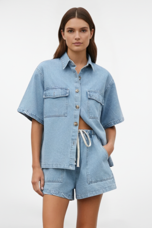 Women's Denim Set: Short-Sleeve Shirt Jacket with Matching Shorts