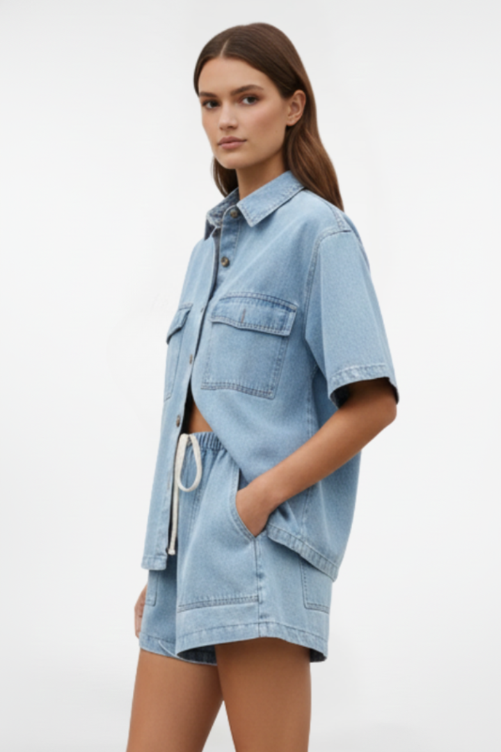 Quiro Women's Denim Set – Short-Sleeve Shirt Jacket with Matching Shorts