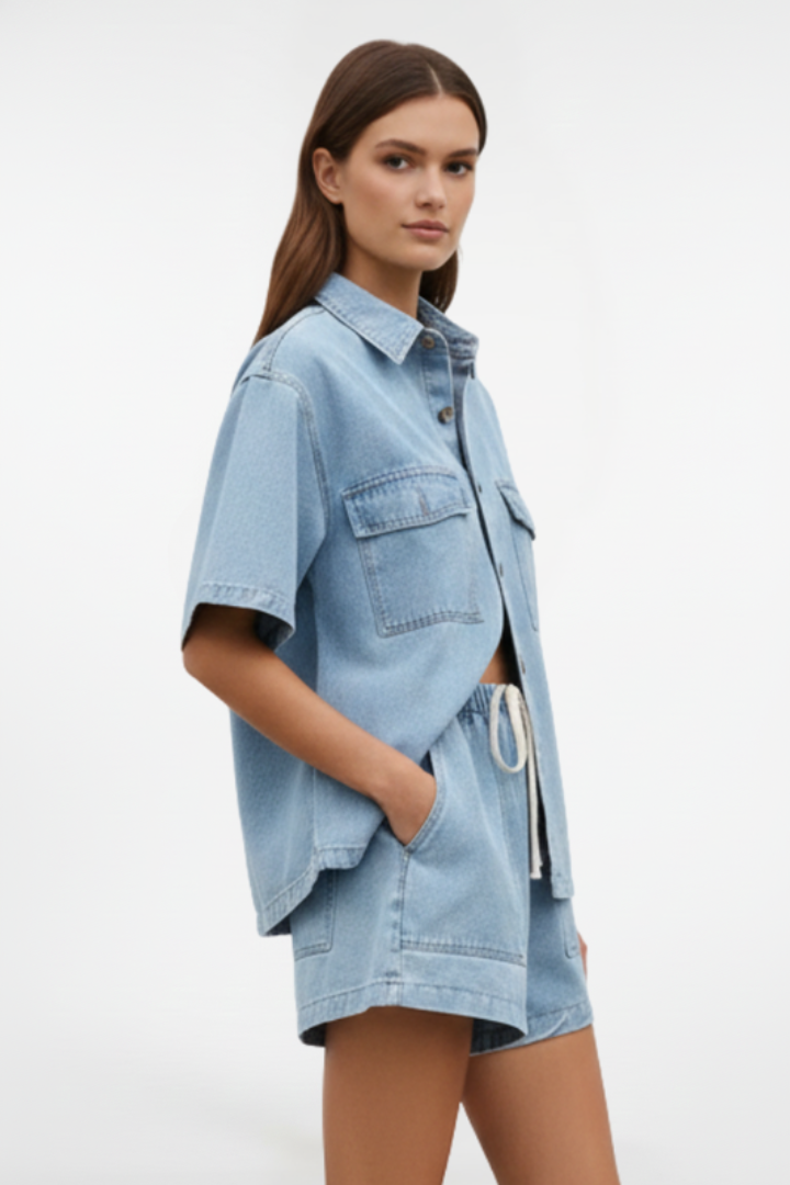 Quiro Women's Denim Set – Short-Sleeve Shirt Jacket with Matching Shorts