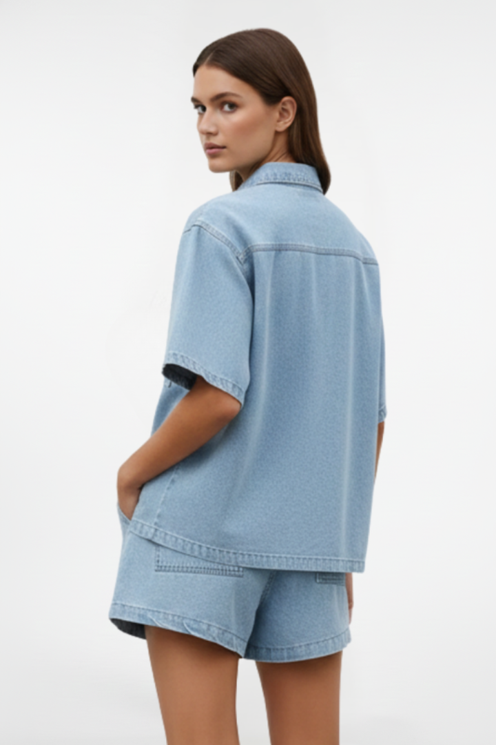 Quiro Women's Denim Set – Short-Sleeve Shirt Jacket with Matching Shorts