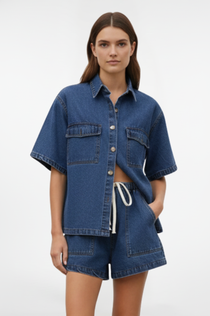 Quiro Women's Denim Set – Short-Sleeve Shirt Jacket with Matching Shorts
