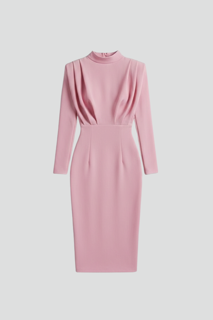 Quiro High-Neck Long Sleeve Dress – Draped Bodice Ankle-Length Skirt