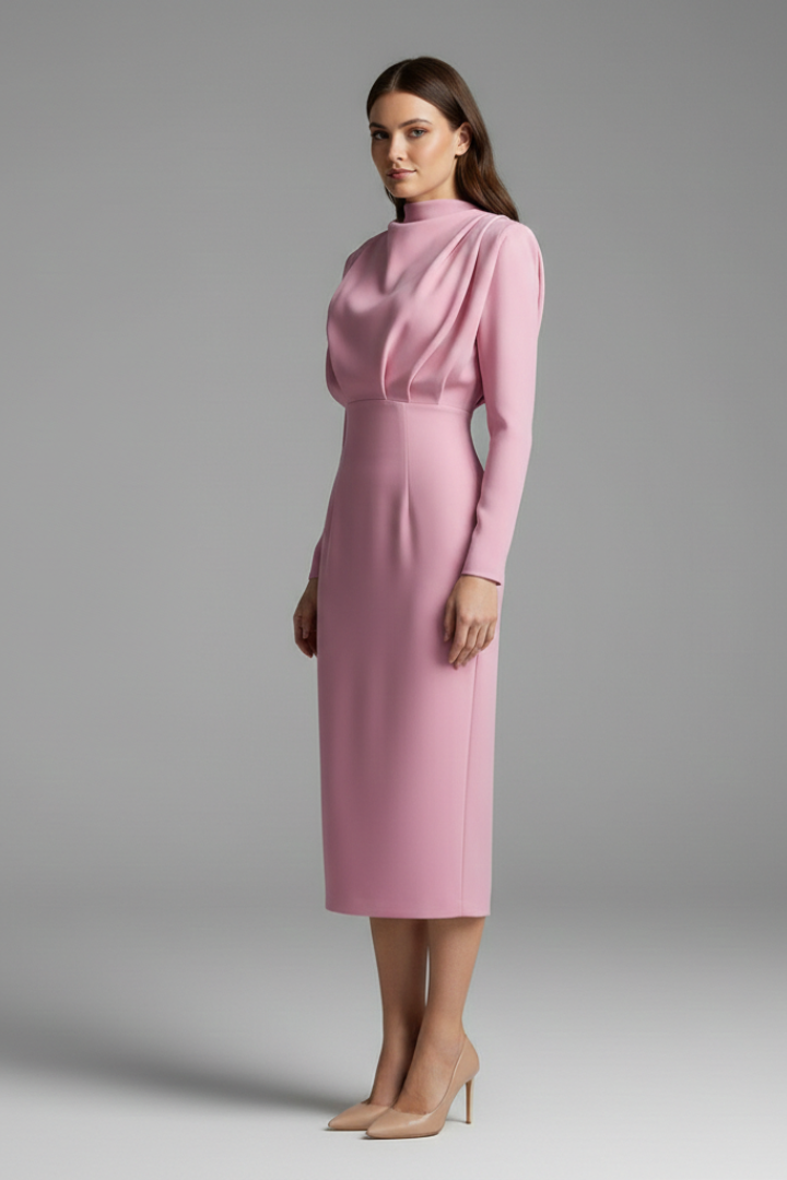 Quiro High-Neck Long Sleeve Dress – Draped Bodice Ankle-Length Skirt