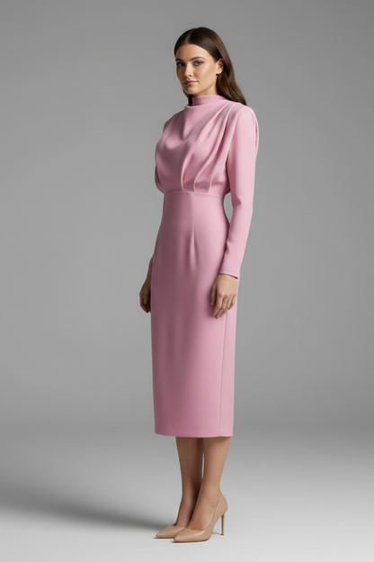 Quiro High-Neck Long Sleeve Dress – Draped Bodice Ankle-Length Skirt