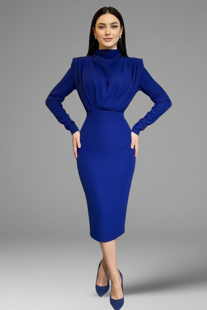 Quiro High-Neck Long Sleeve Dress – Draped Bodice Ankle-Length Skirt