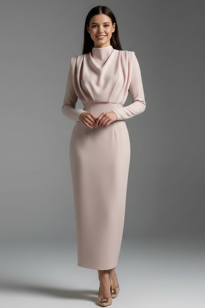 Quiro High-Neck Long Sleeve Dress – Draped Bodice Ankle-Length Skirt