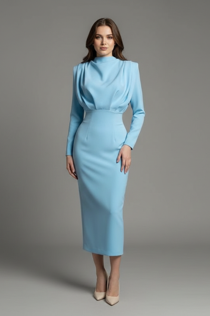 Quiro High-Neck Long Sleeve Dress – Draped Bodice Ankle-Length Skirt