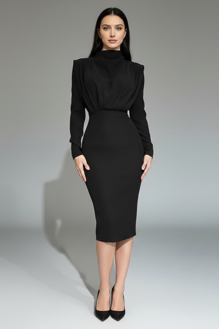 Quiro High-Neck Long Sleeve Dress – Draped Bodice Ankle-Length Skirt