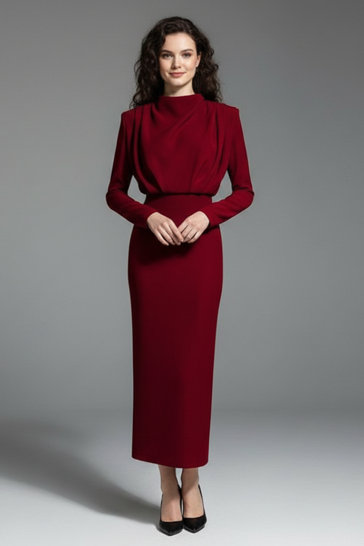 Quiro High-Neck Long Sleeve Dress – Draped Bodice Ankle-Length Skirt