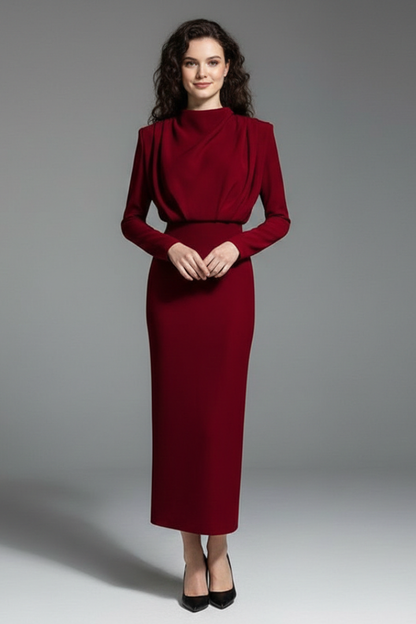Quiro High-Neck Long Sleeve Dress – Draped Bodice Ankle-Length Skirt