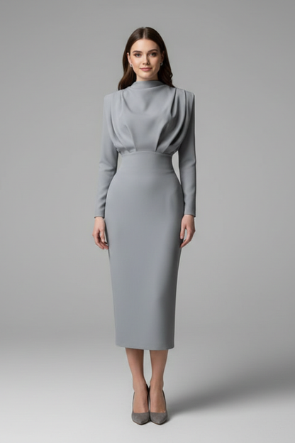 Quiro High-Neck Long Sleeve Dress – Draped Bodice Ankle-Length Skirt