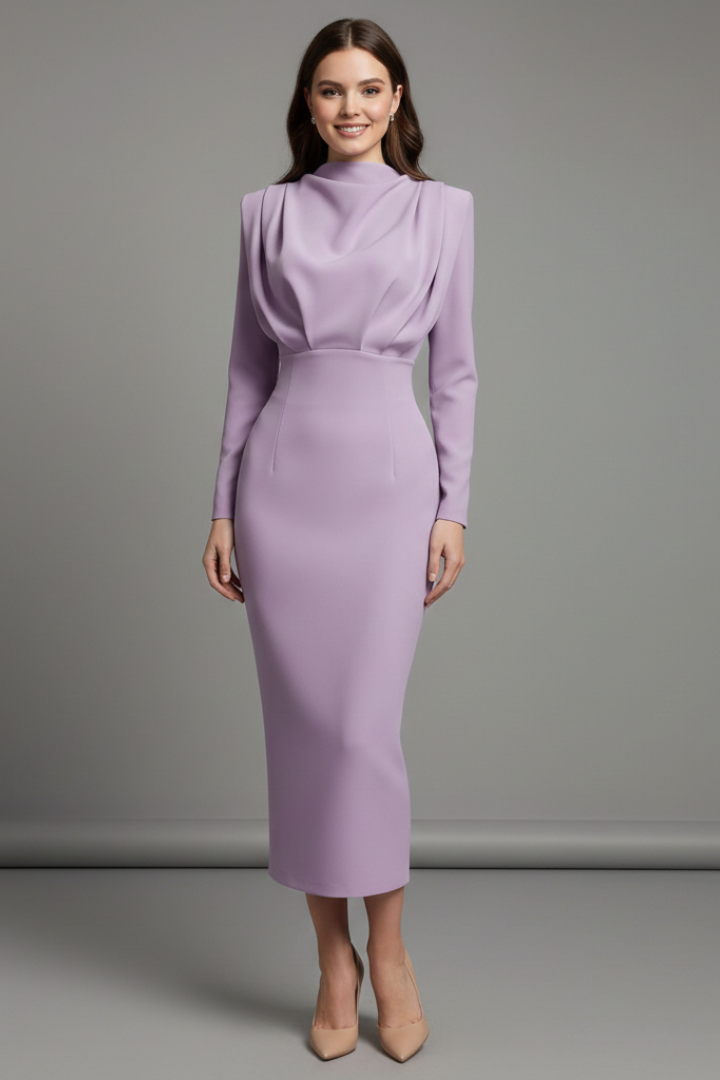 Quiro High-Neck Long Sleeve Dress – Draped Bodice Ankle-Length Skirt