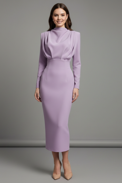 Quiro High-Neck Long Sleeve Dress – Draped Bodice Ankle-Length Skirt